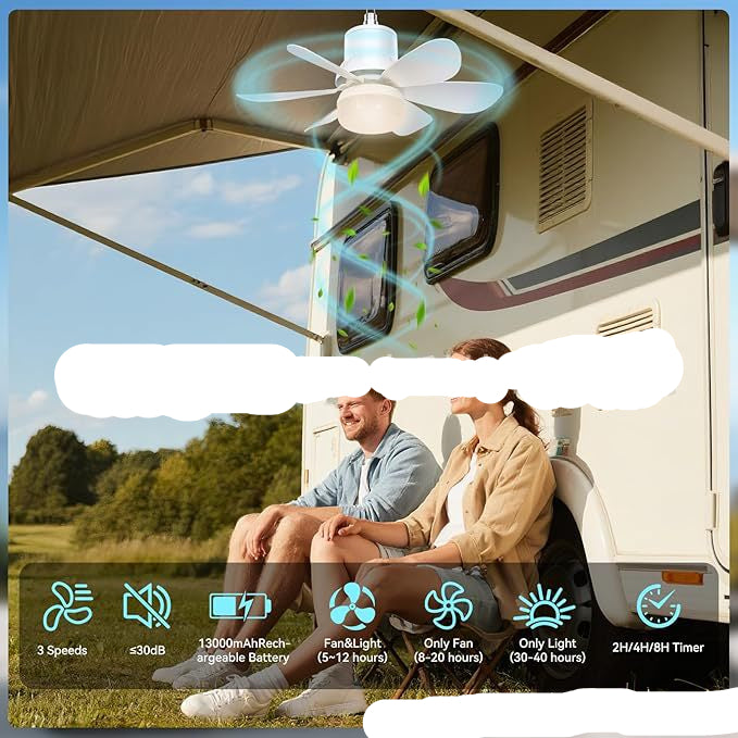 Two people sitting outside an RV with a ceiling fan and product features displayed.