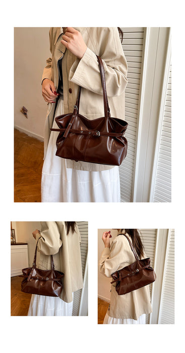 A dark brown leather shoulder bag with a gathered top and double straps, shown worn by a model in a beige coat and white dress in an indoor setting. The image is a collage with a large main view and two smaller side views showing different angles of the bag.