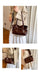 A dark brown leather shoulder bag with a gathered top and double straps, shown worn by a model in a beige coat and white dress in an indoor setting. The image is a collage with a large main view and two smaller side views showing different angles of the bag.