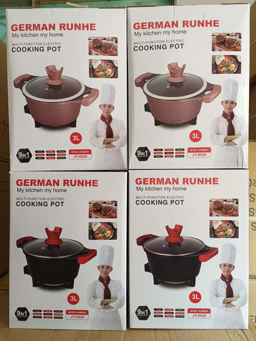 Four boxes of German Runhe multi-function electric cooking pot on a wooden surface.