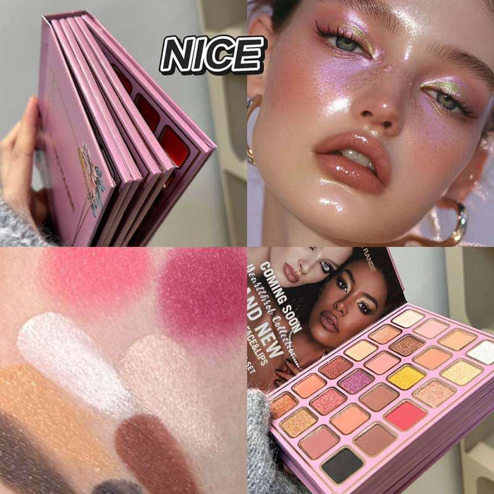 Collage of a makeup palette, close-up of makeup application, and a 'NICE' text overlay.