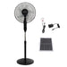 Solar-powered standing fan with solar panel, adapter, and light bulb on a white background