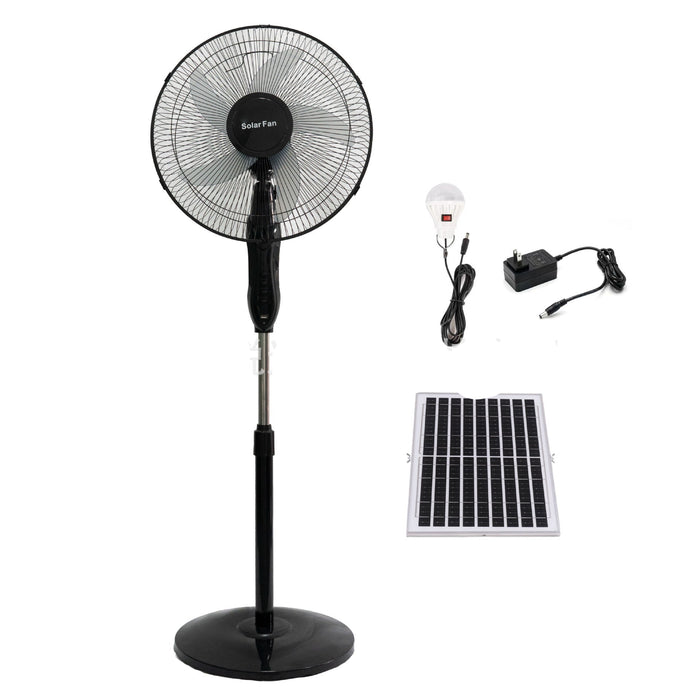 Solar-powered standing fan with solar panel, adapter, and light bulb on a white background
