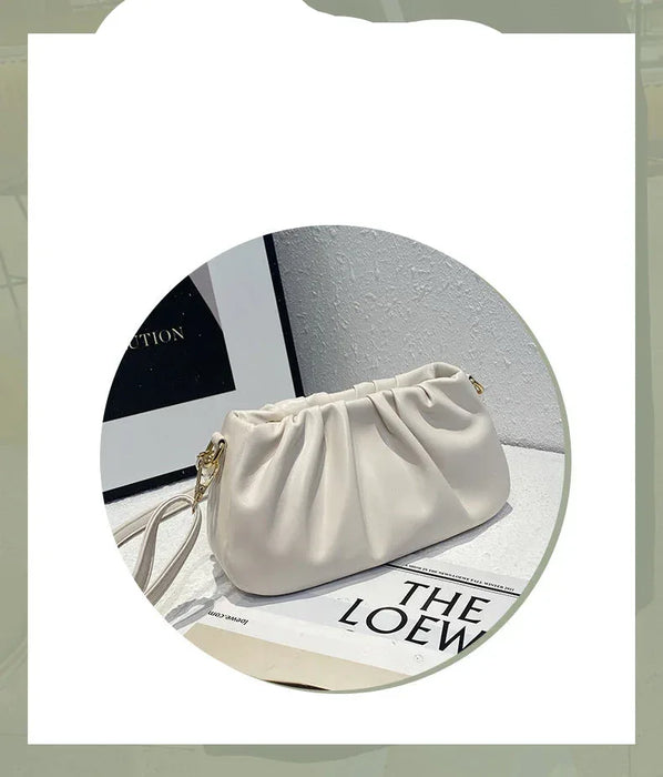 Beige handbag on a magazine with text overlay