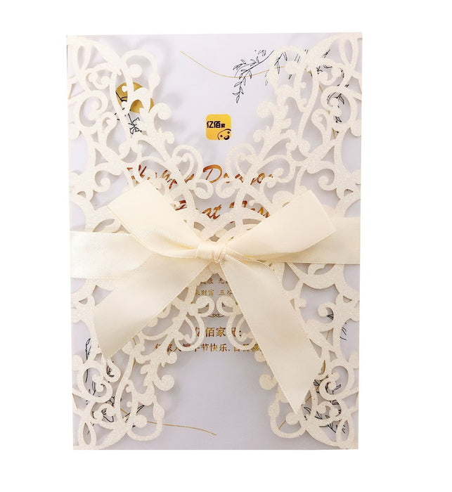 Laser Golden Deep Orchid Wedding Invitation Card Romantic- 10 Pieces