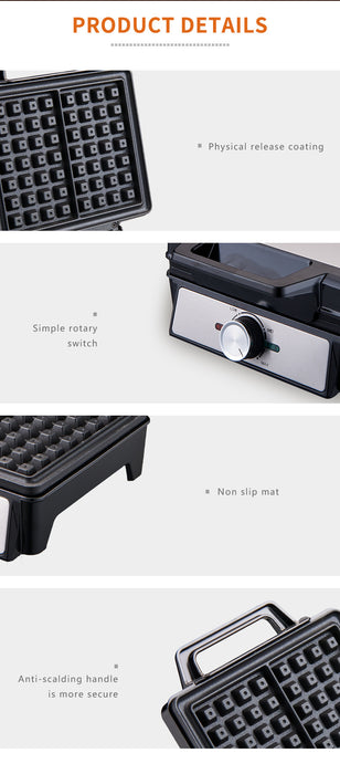 Waffle maker with features highlighted on a white background