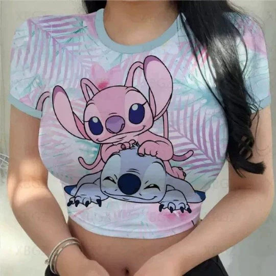 Dio Women's Charming Slim Cartoon Disney Printing Stitch Crop Top Fit T Shirt - Dio Kollections