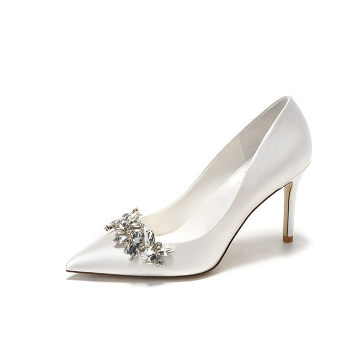 Crystal Champagne White Satin Bridesmaid Stiletto High Heel Shoes