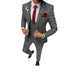 Gray checkered suit with red tie and pocket square on a white background