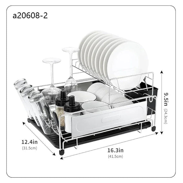 Dish rack with dishes and measurements on a white background