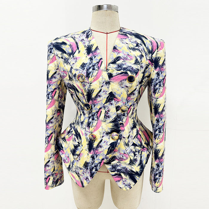 Colorful patterned blazer on a mannequin against a white background