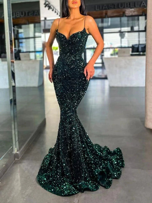 Dio Women's Dark Green Mermaid Sweetheart Collar Spaghetti Strap Sequin Shiny Lace Evening Wedding  Party Dress - Dio Kollections