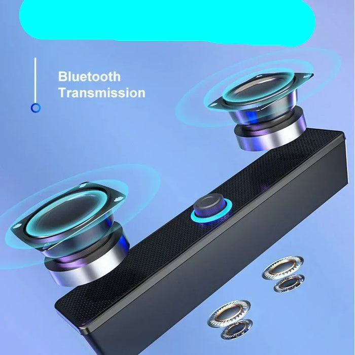 Bluetooth speaker system with wireless transmission feature on a blue background