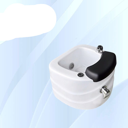 White foot bath basin with black handle on a light blue background
