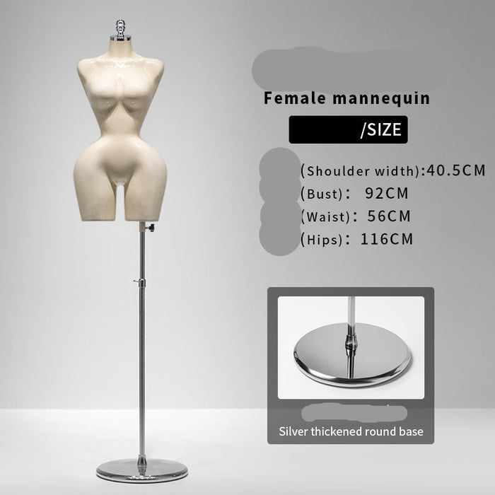Mannequin with stand on a gray background, featuring text in Chinese about its dimensions and base type.