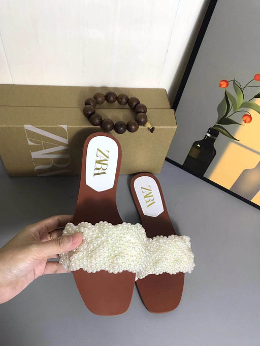 Women's White Pearl Woven Flat Sandals - Versatile & Fashionable Beach Footwear - Dio Kollections
