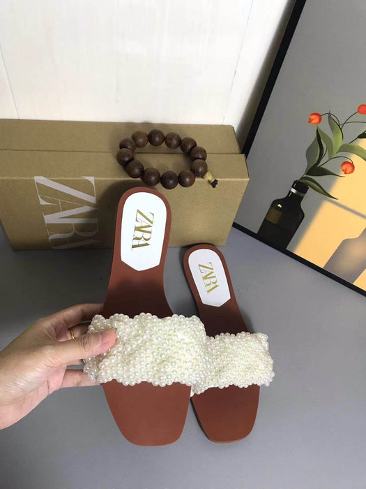 Women's White Pearl Woven Flat Sandals - Versatile & Fashionable Beach Footwear - Dio Kollections