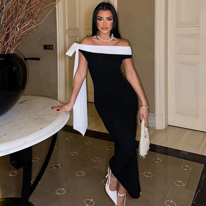 New Temple Off-Shoulder Streamer Sleepiness Slim Hip Dress