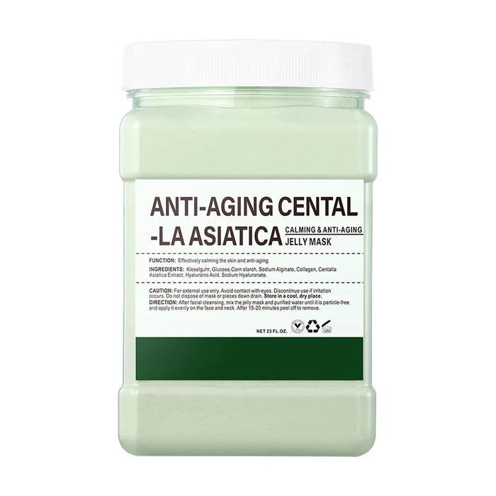 Anti-aging jelly mask in a container with a white label on a white background
