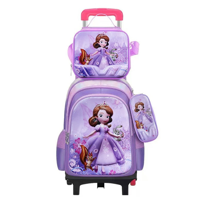 Purple princess-themed backpack with wheels on a white background