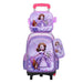 Purple princess-themed backpack with wheels on a white background