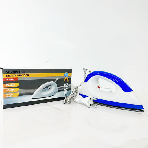 White and blue dry iron with packaging on a white background