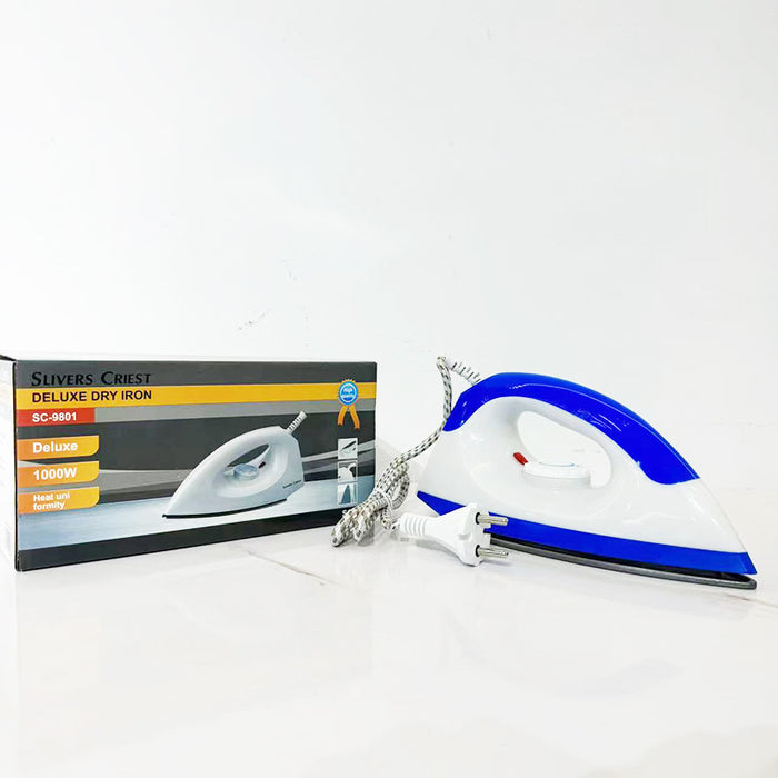 White and blue dry iron with packaging on a white background