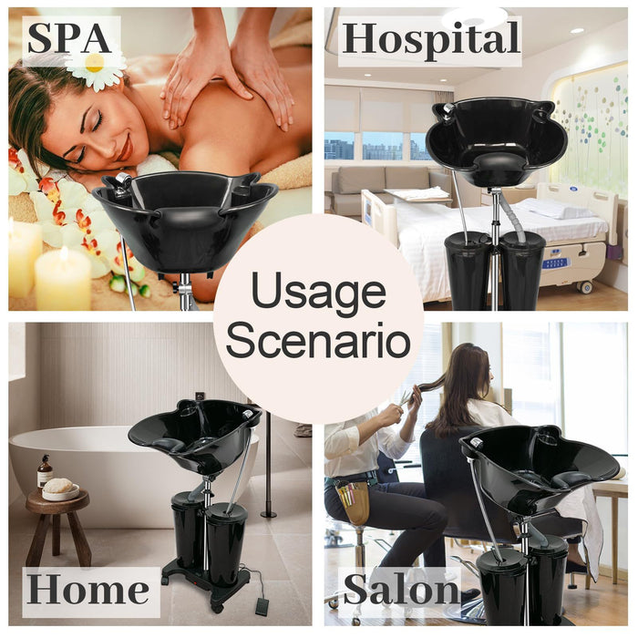 Black hair washing bowl used in various settings including a spa, hospital, home, and salon.