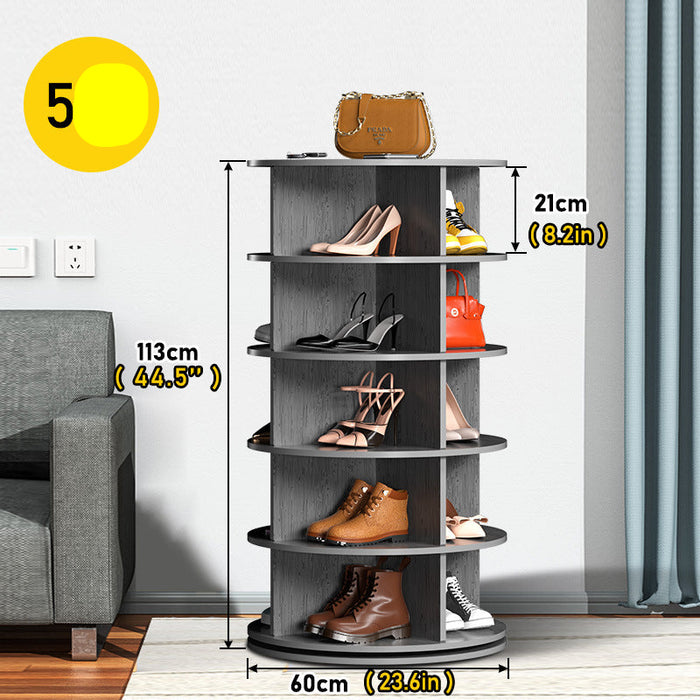 Shoe rack with shoes on shelves, showing dimensions, in a room setting.