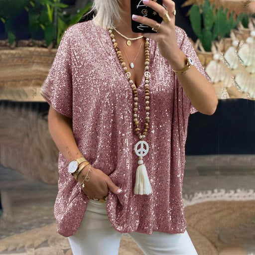 Short-Sleeved Loose Pullover Sequin V-neck T-shirt Top Women's Clothing - Dio Kollections