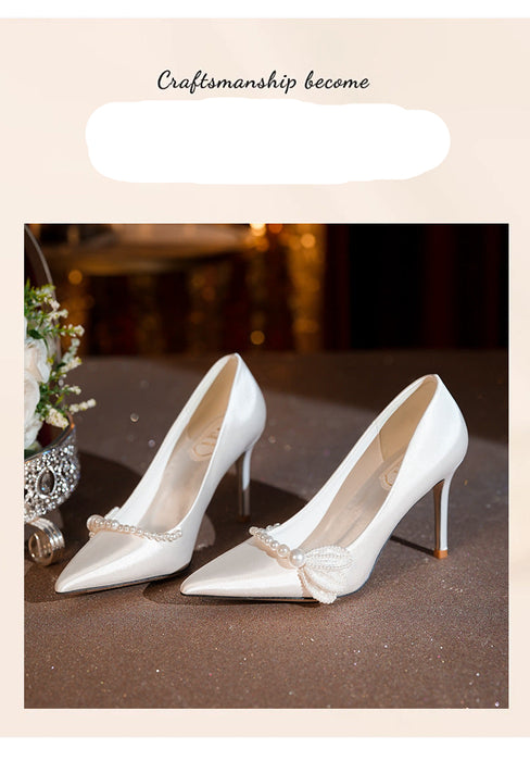 High-end Pearl French Satin Plus Size Wedding Shoes 41-43