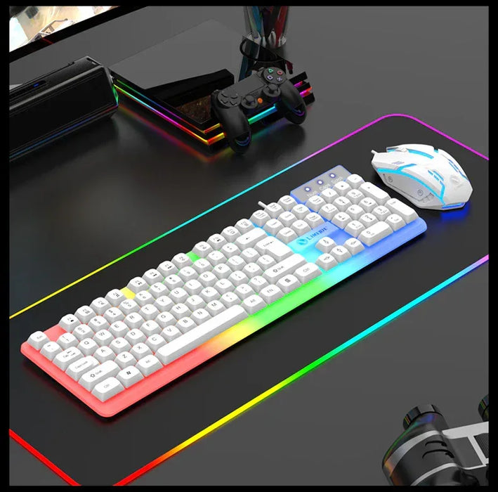 Gaming keyboard and mouse set on a desk with colorful lighting effects