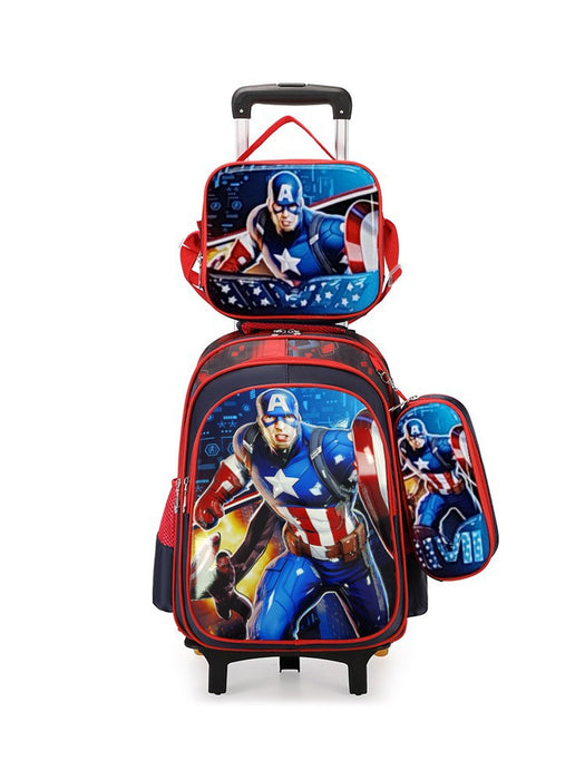 Captain America-themed school bag set with lunch box on a white background