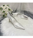 Silver high-heeled shoes on a white fur surface with a bouquet of white roses in the background.