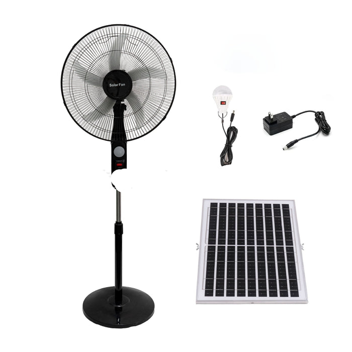 Solar-powered standing fan with solar panel, light bulb, and adapter on a white background