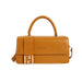A structured tan leather handbag with a top handle, a front strap detail, and a prominent gold-tone FF logo clasp, shown on a plain white background.