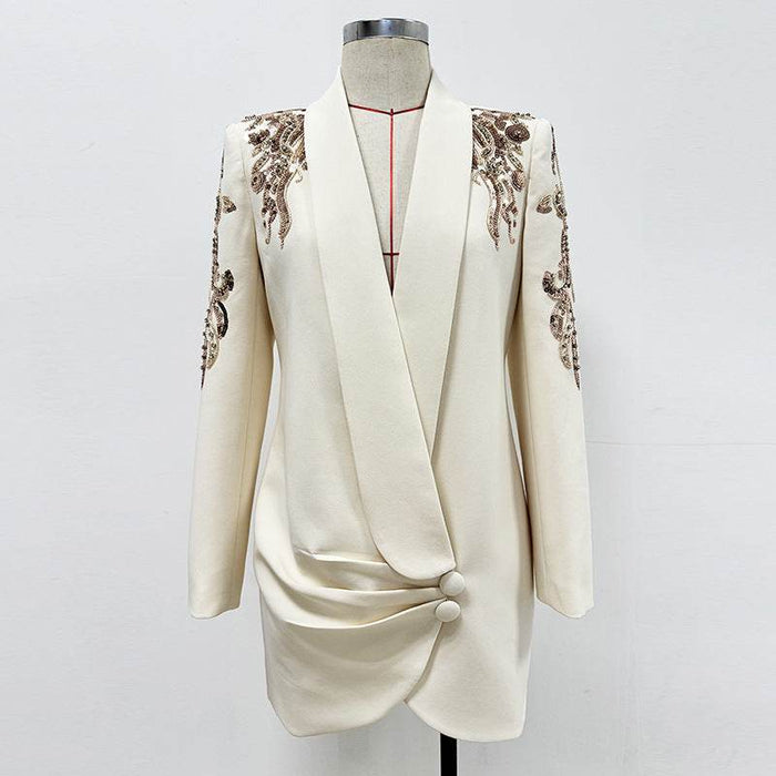 Beige Lace Step Skirt Dress with Green Fruit Collar and Diamond Accents Blazer - Dio Kollections