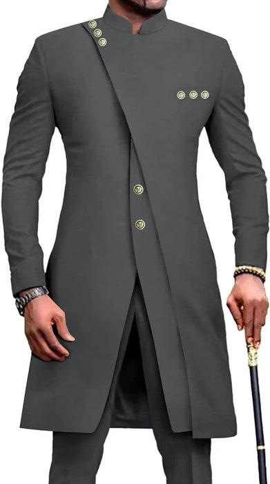 Gray formal coat with gold buttons worn by a person, holding a cane.