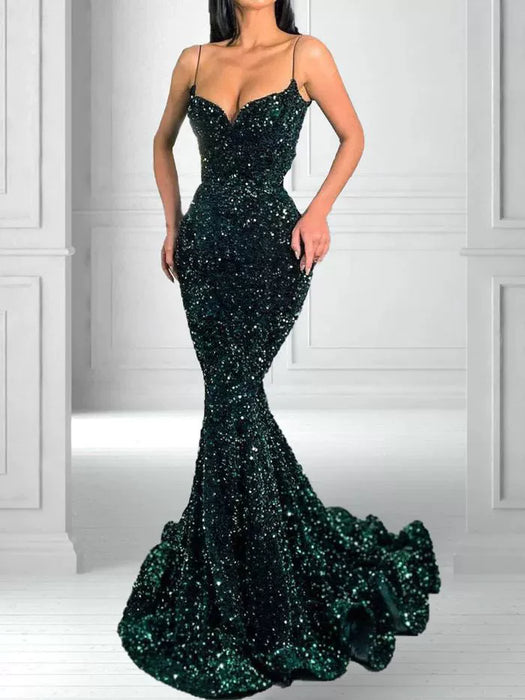 Dio Women's Dark Green Mermaid Sweetheart Collar Spaghetti Strap Sequin Shiny Lace Evening Wedding  Party Dress - Dio Kollections