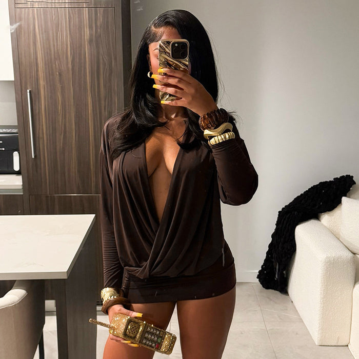 Dio Sexy Deep V Long Sleeve Waist Bag Hip Women  Dress