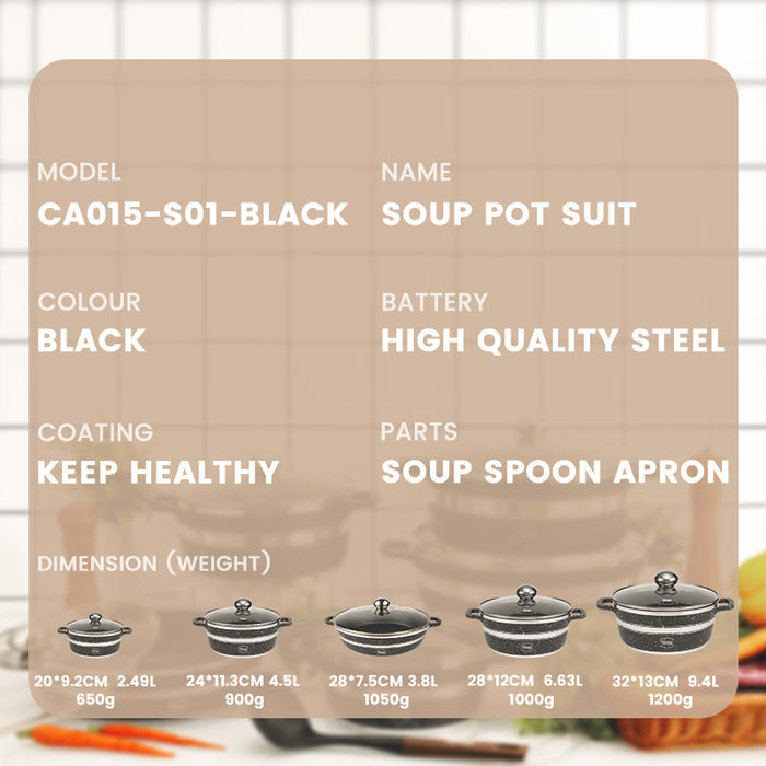 Product label for a soup pot suit with specifications on a wooden board.