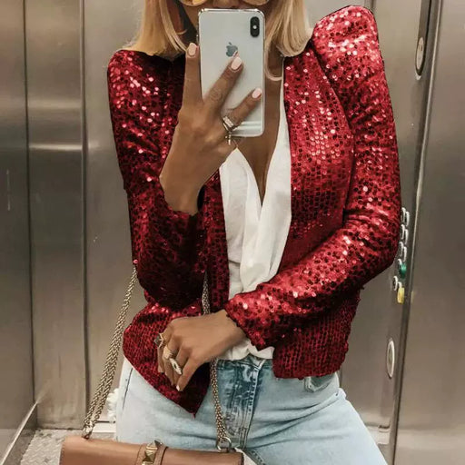 Dio Women's Sexy Sequin Glitter Long Sleeve Short Jacket Office Wear Streetwear Coats - Dio Kollections