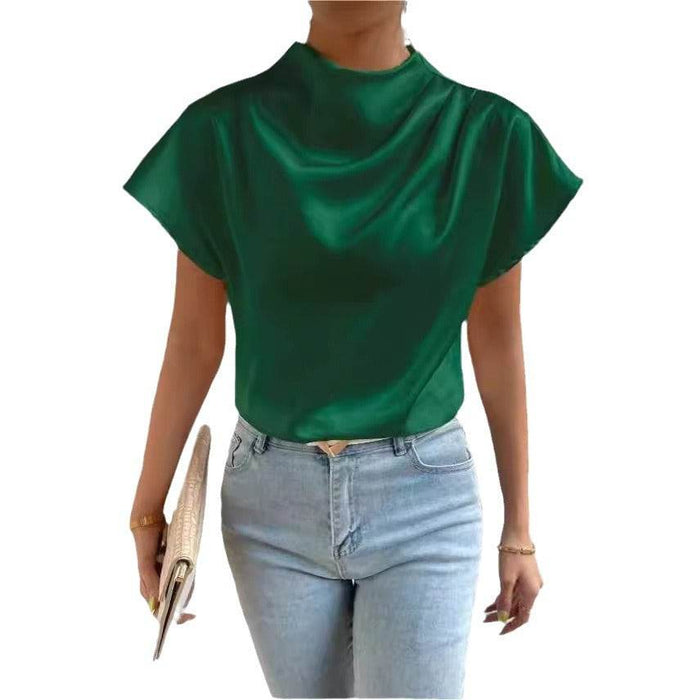 Elegant Satin Pleated T-Shirt Top Blouse with Round Neck for Women - Dio Kollections
