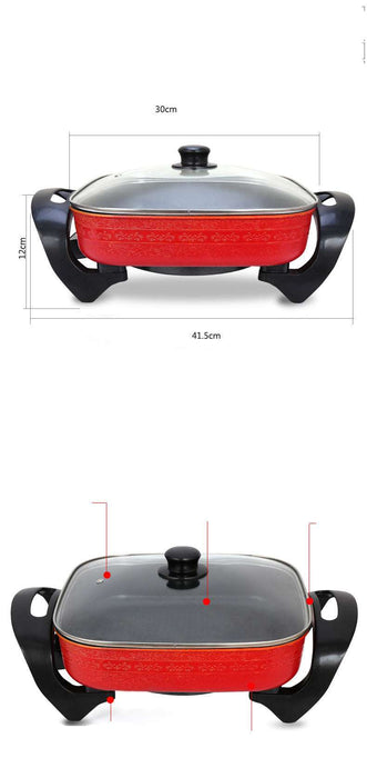 Red electric grill with black handle and base, showing dimensions and features.
