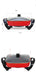 Red electric grill with black handle and base, showing dimensions and features.
