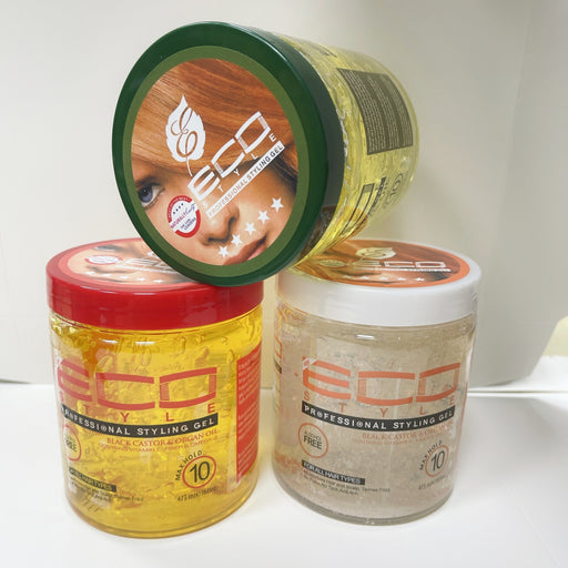 Three jars of Eco Styling Gel on a white surface