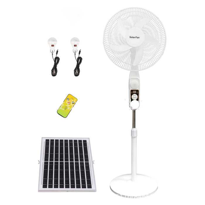 Solar-powered standing fan with solar panel and remote control on a white background
