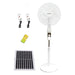 Solar-powered standing fan with solar panel and remote control on a white background