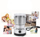 Stainless steel coffee grinder with family photos in the background