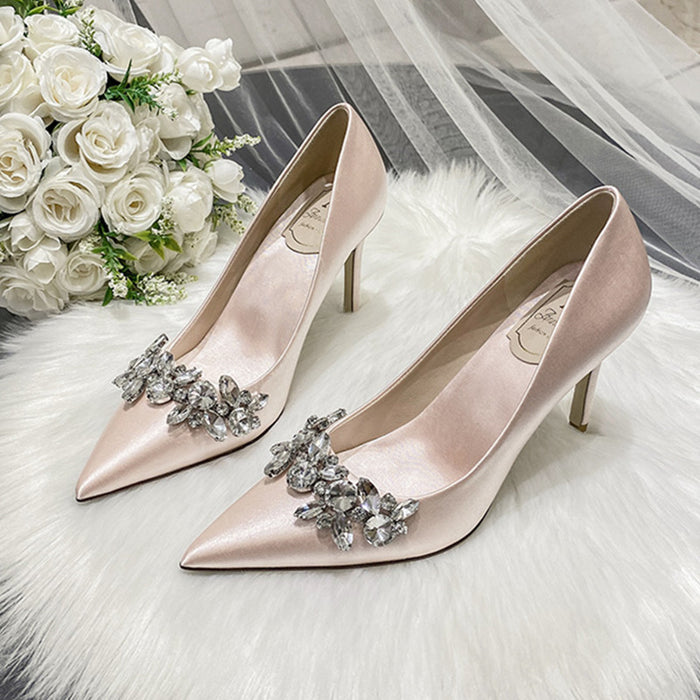 Crystal Champagne White Satin Bridesmaid Stiletto High Heel Shoes